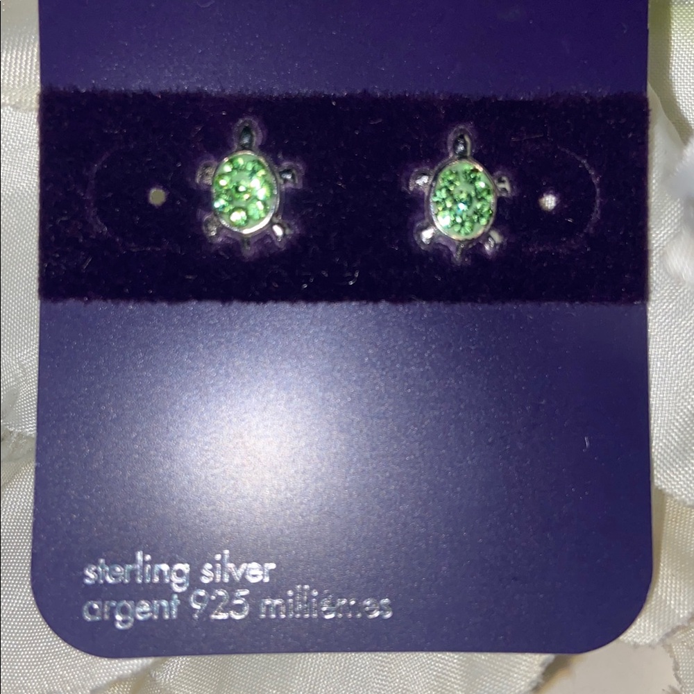 Claire's Silver Turtle Earrings with Green Stones Sterling Silver Turtle Studs - Picture 3 of 9